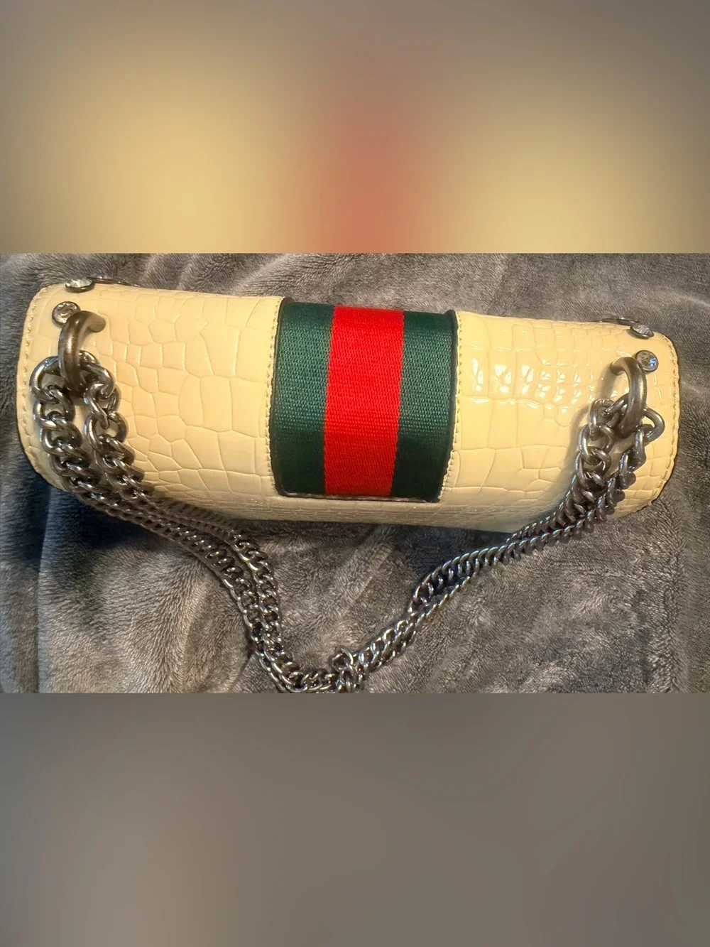 Cream Shoulder Bag with Green-Red Stripe and Decorative Bee Accent, Like New